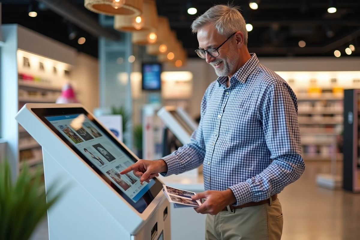 Homme choisit des photos sur un kiosque en magasin