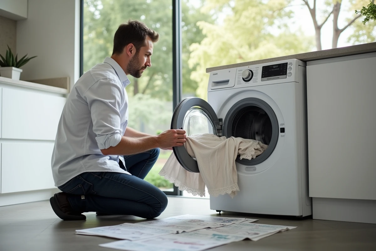 Homme pliant des vêtements dans une buanderie lumineuse
