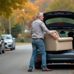 Homme soulevant un canapé dans une voiture en extérieur