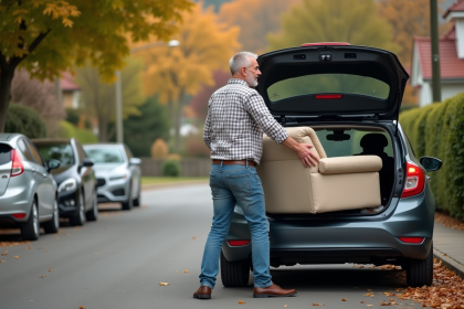 Homme soulevant un canapé dans une voiture en extérieur