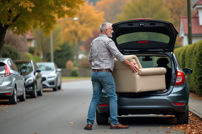Homme soulevant un canapé dans une voiture en extérieur