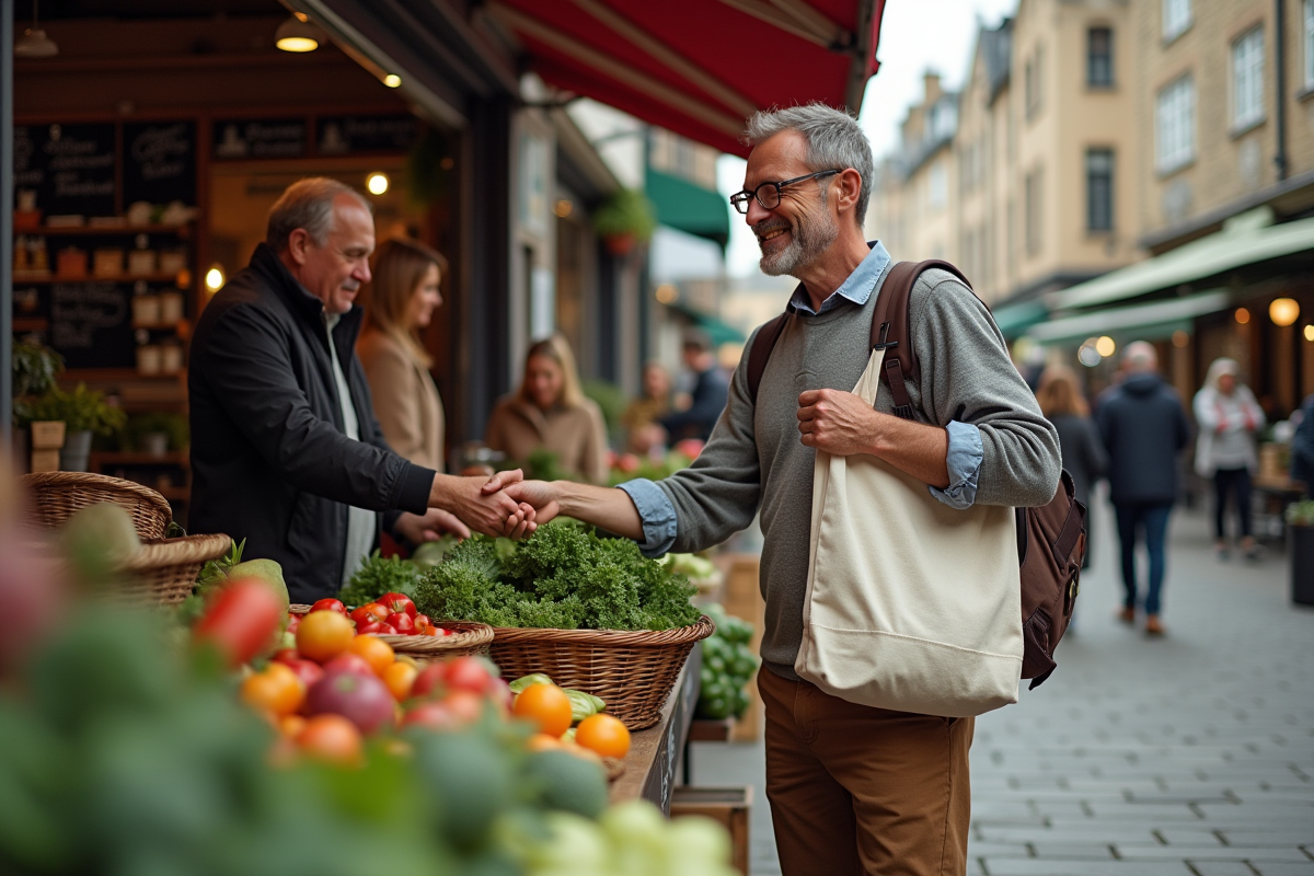 Homme achetant des légumes frais au marché en plein air
