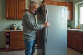 Homme en jeans déplaçant un grand frigo dans la cuisine