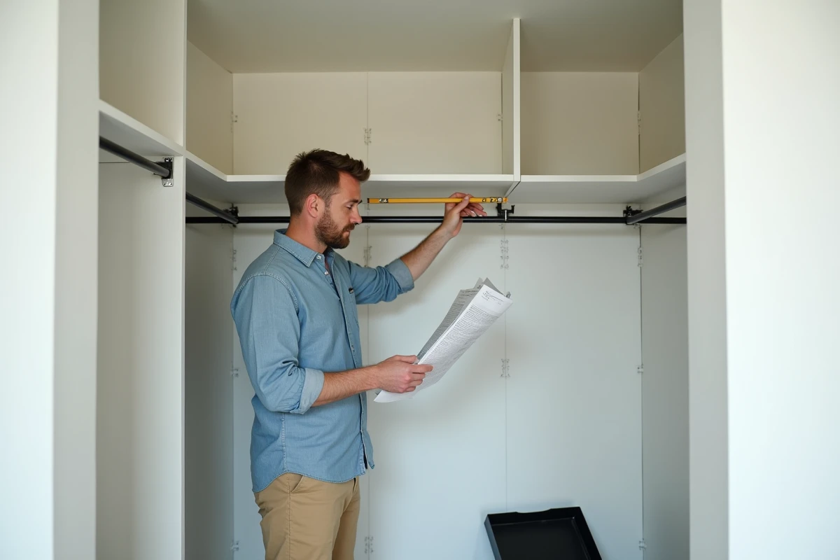 Homme consultant la notice d'assemblage d'un dressing modulaire dans un couloir de rangement