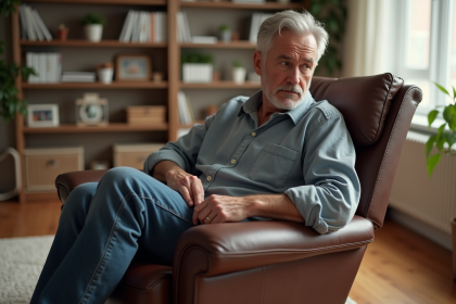 Homme d'âge moyen inspectant un fauteuil moderne en cuir