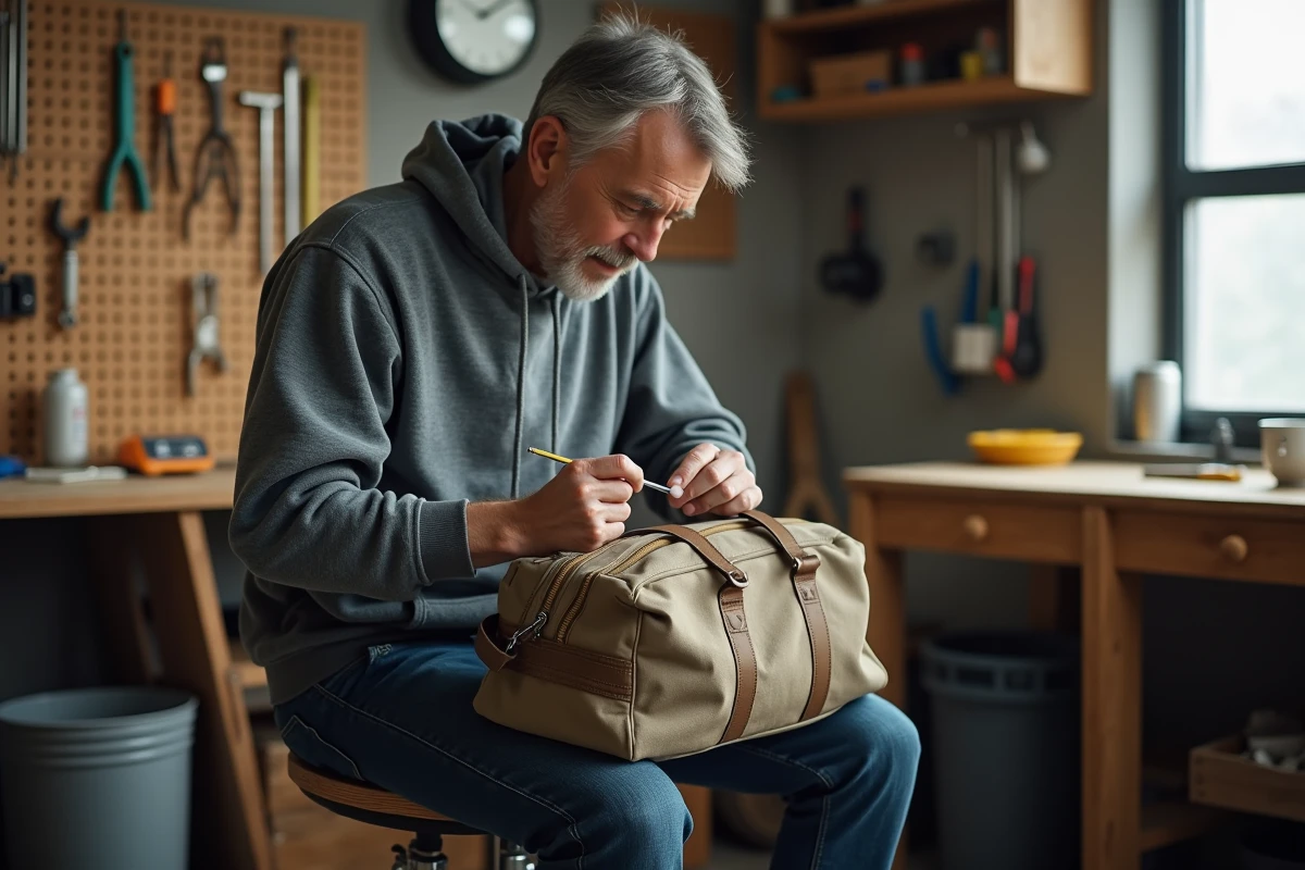 Homme réparant une fermeture éclair bloquée en bas d'un sac de sport avec un tournevis dans un atelier