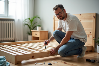 Homme d'âge moyen répare un lit en bois dans une chambre lumineuse