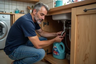 Homme en jeans et t-shirt bleu sous évier cuisine en train de connecter un tuyau