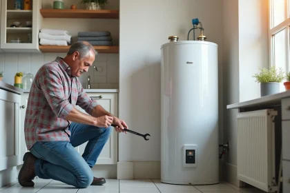 Homme vérifiant un chauffe-eau blanc dans une pièce rénovée