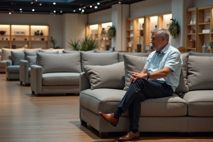 Homme d'âge moyen examine un canapé moderne dans un showroom
