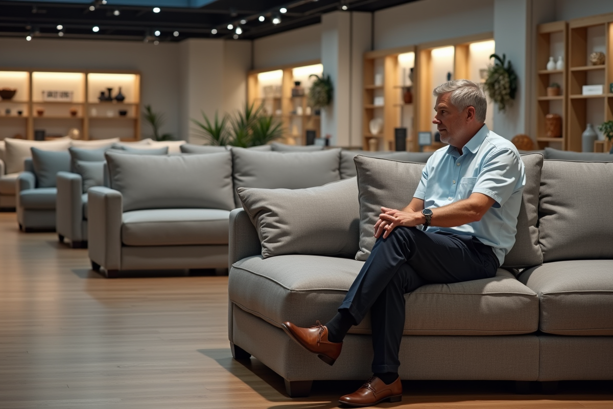 Homme d'âge moyen examine un canapé moderne dans un showroom