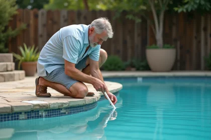 Homme testant l'eau de la piscine avec un kit de test