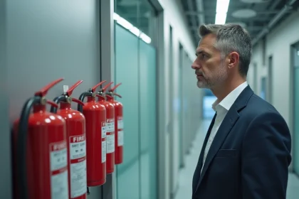 Homme d'affaires inspectant des extincteurs dans un bureau