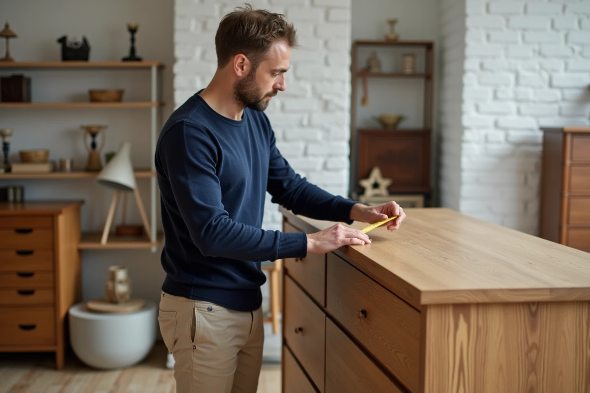 Homme inspectant minutieusement la qualité d'une commode en chêne massif dans un magasin de meubles français avant un achat en ligne
