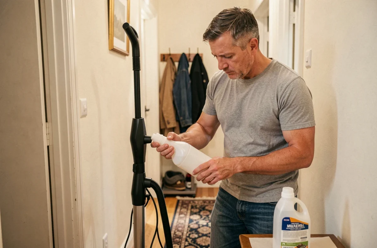 Homme versant du liquide dans une shampouineuse debout dans un couloir avec moquette