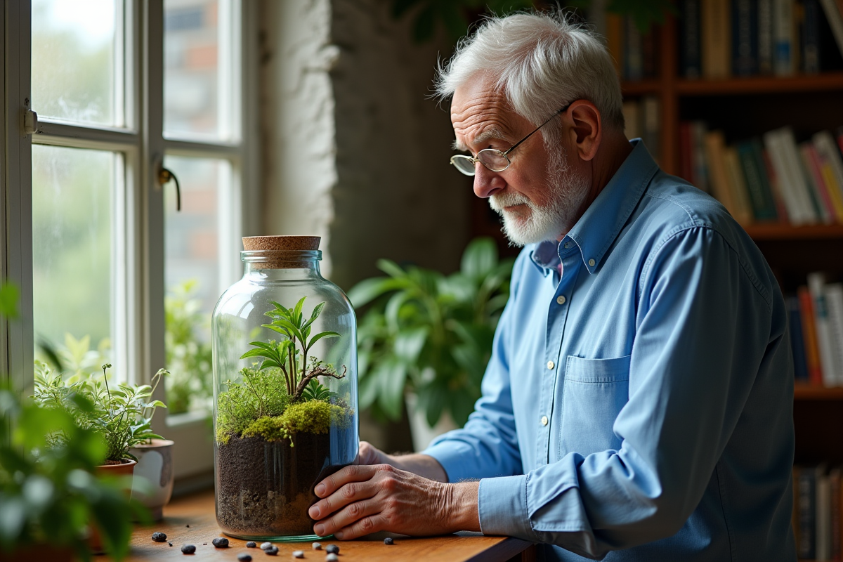 Homme âgé inspectant un écosystème dans une bouteille en verre