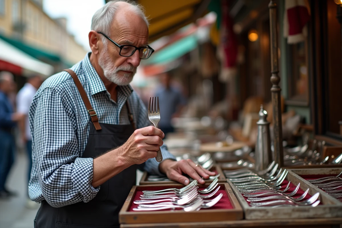 Homme vérifiant des couverts en argent vintage au marché
