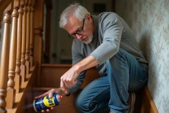 Homme appliquant du WD-40 sur une marche d'escalier en bois qui grince à l'intérieur d'une maison ancienne