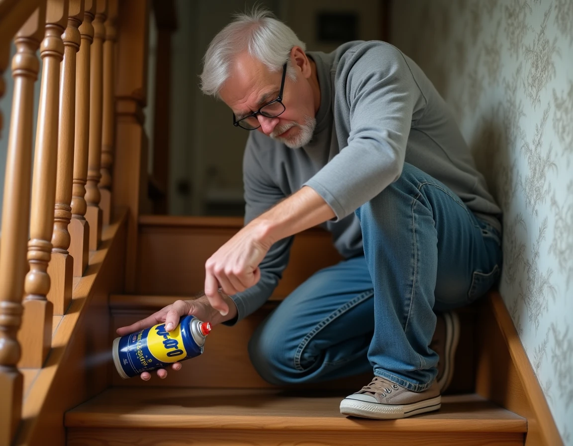 Homme appliquant du WD-40 sur une marche d'escalier en bois qui grince à l'intérieur d'une maison ancienne