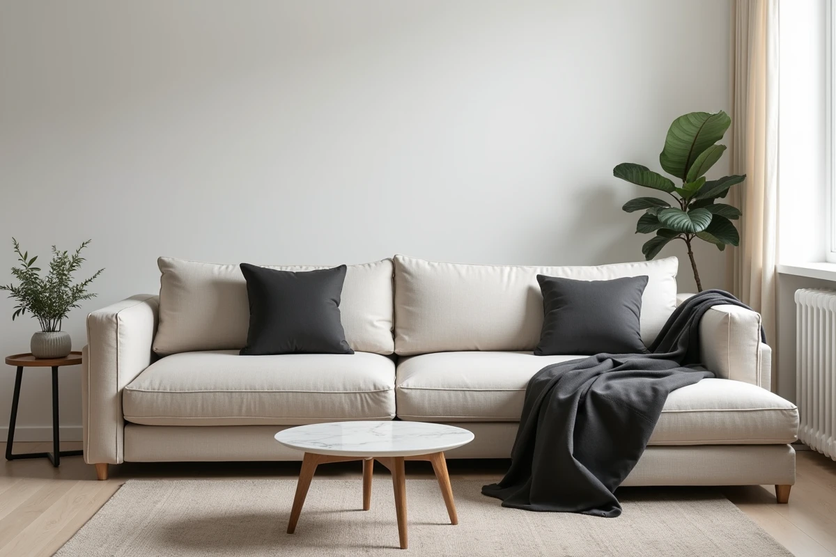 Canapé méridienne clair recouvert d'une housse gris anthracite dans un salon scandinave moderne