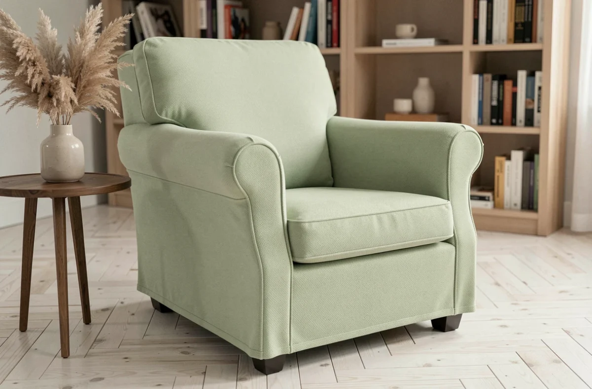 Housse extensible vert sauge sur fauteuil club dans un salon moderne avec parquet en chêne blanchi et décoration naturelle