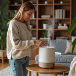 Femme en pull doux ajoutant de l'eau à un humidificateur dans un salon chaleureux