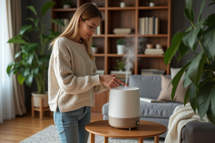Femme en pull doux ajoutant de l'eau à un humidificateur dans un salon chaleureux