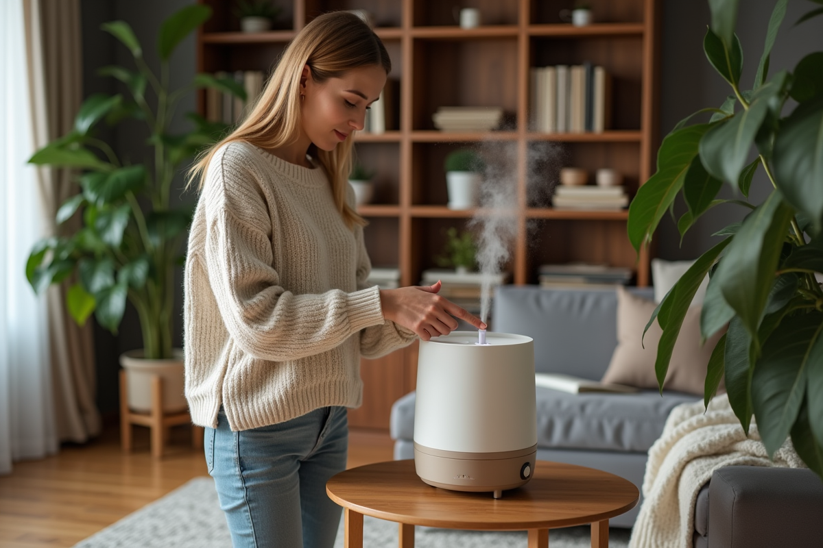 Femme en pull doux ajoutant de l'eau à un humidificateur dans un salon chaleureux