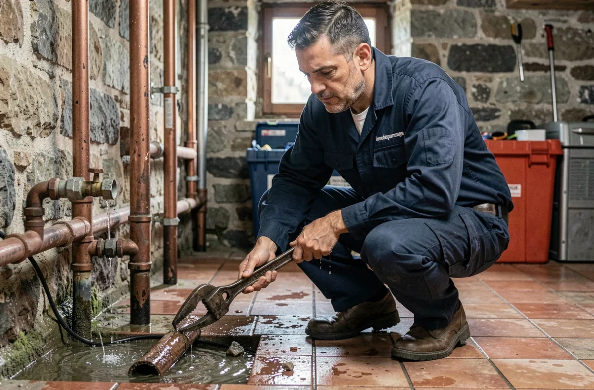 Technicien d'Immodepannage SAS réparant une canalisation dans une cave en Corrèze