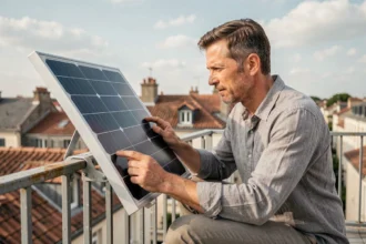 Homme inspectant un panneau solaire Beem installé sur un garde-corps de terrasse en milieu urbain