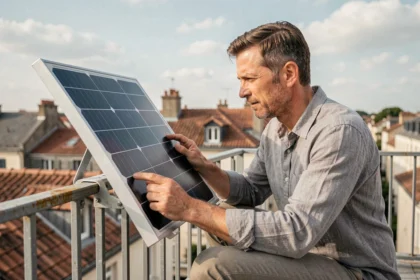 Homme inspectant un panneau solaire Beem installé sur un garde-corps de terrasse en milieu urbain