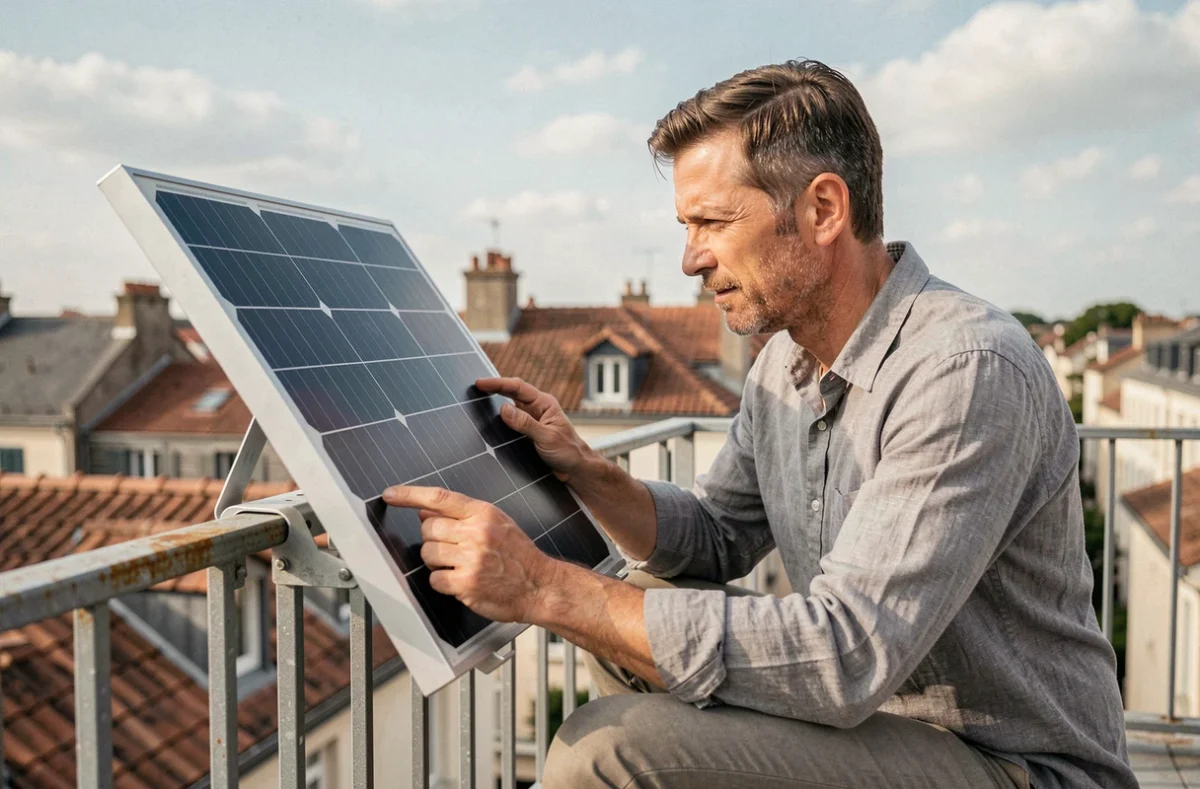 Homme inspectant un panneau solaire Beem installé sur un garde-corps de terrasse en milieu urbain