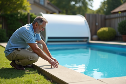 Homme inspectant une enceinte de piscine pratique dans un jardin