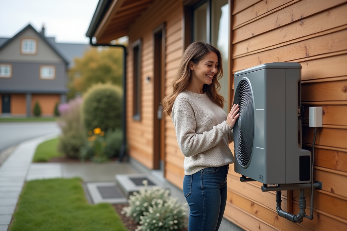 Jeune femme inspectant une pompe à chaleur extérieure dans un quartier résidentiel