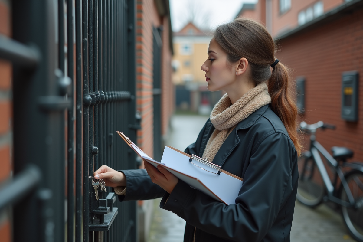 Jeune femme inspectant la serrure d