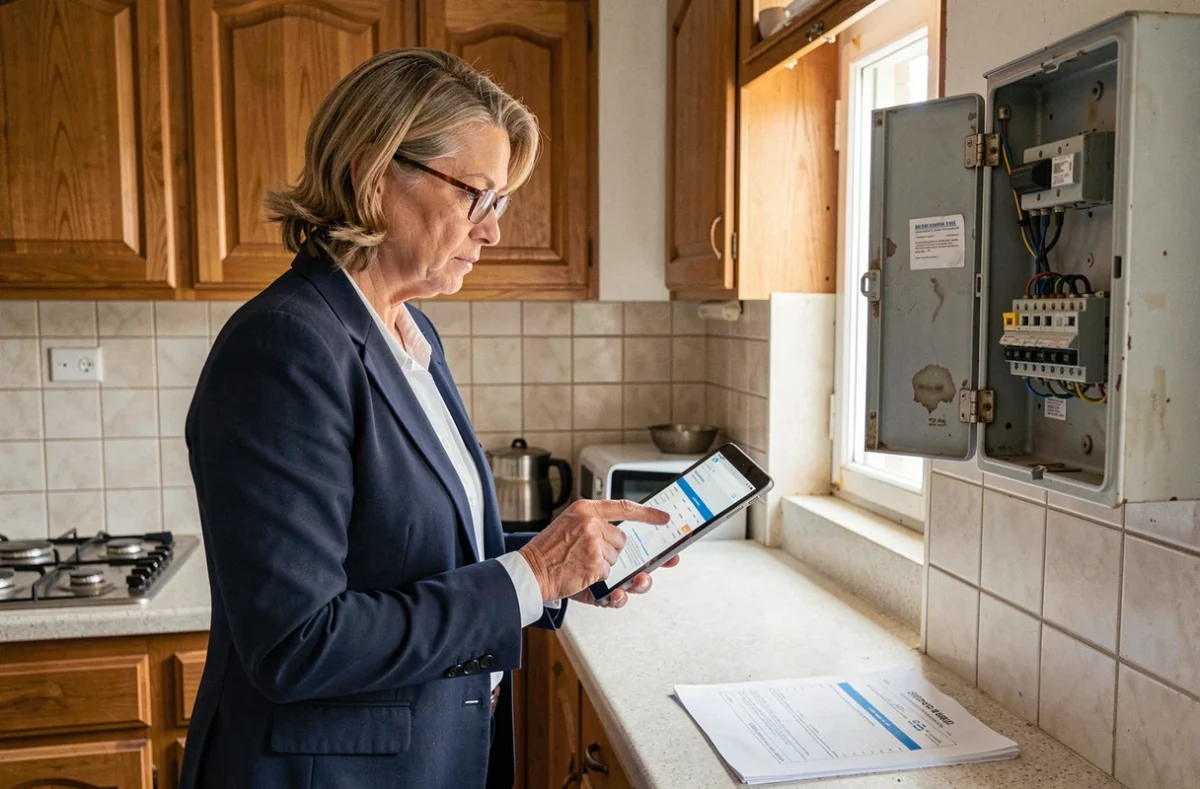 Inspectrice d'assurance évaluant une installation électrique ancienne avec fusibles dans une cuisine résidentielle