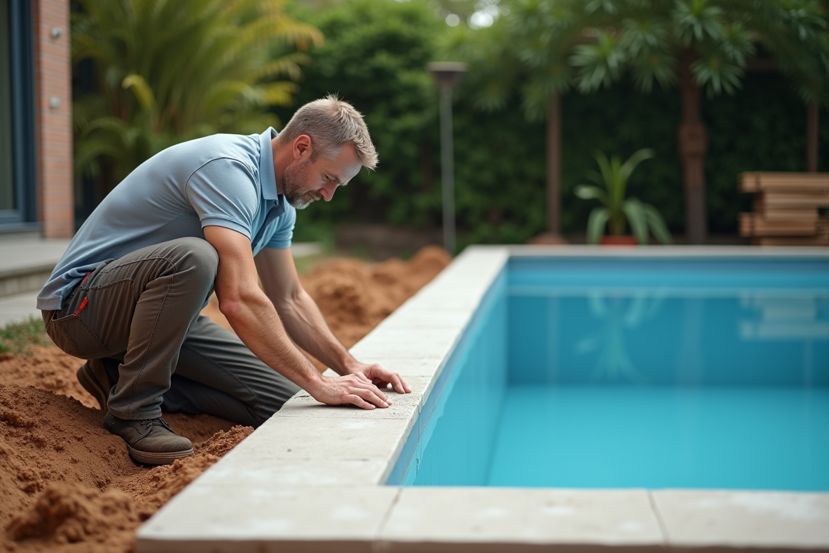 Installateur de piscine mesurant la structure en construction
