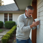 Homme d'âge moyen installant une caméra de sécurité extérieure