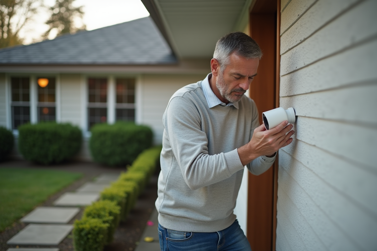 Homme d'âge moyen installant une caméra de sécurité extérieure