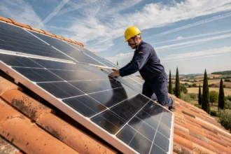 Installateur posant un panneau solaire Qcell sur un toit en tuiles dans le sud de la France