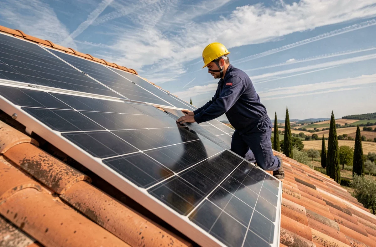 Installateur posant un panneau solaire Qcell sur un toit en tuiles dans le sud de la France