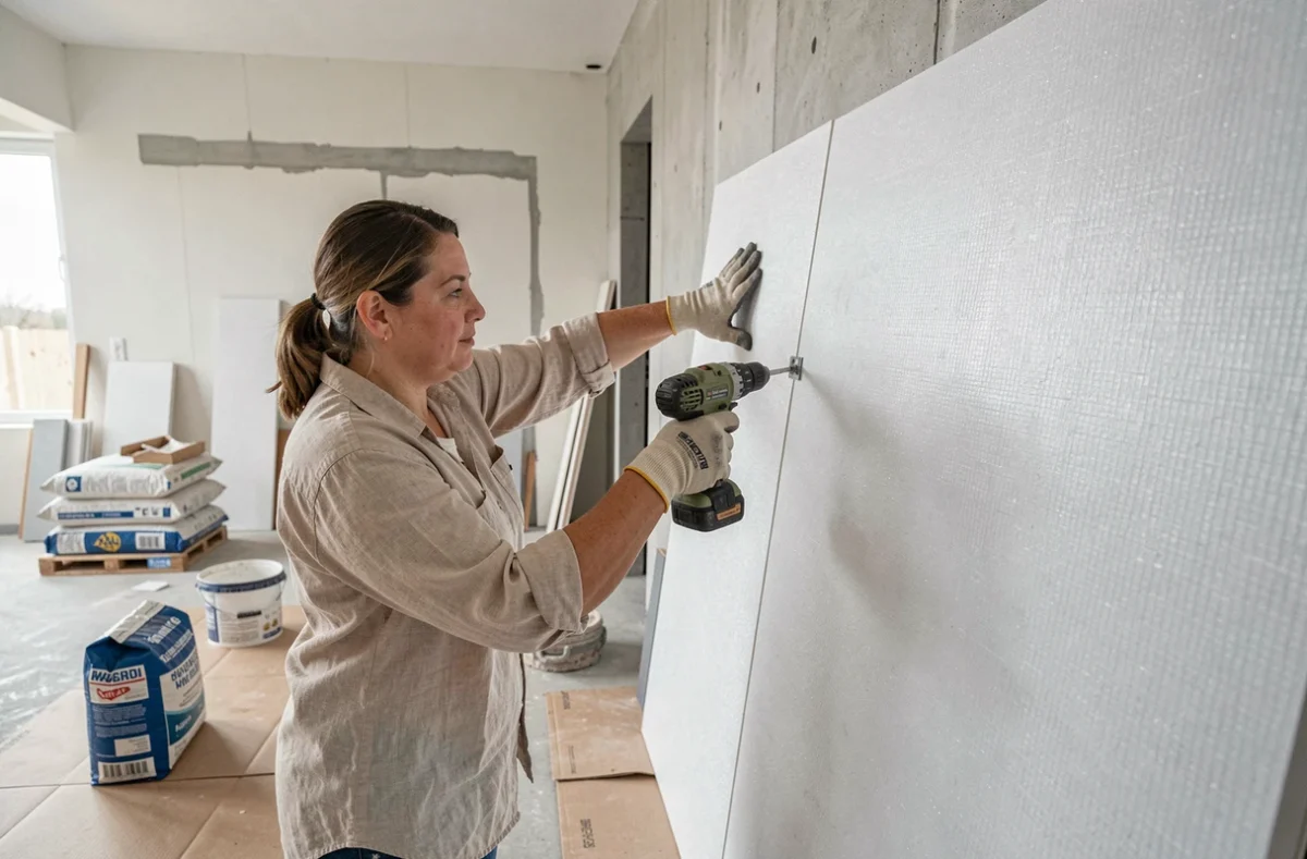 Femme posant un panneau de placo isolé contre un mur lors de travaux de rénovation intérieure