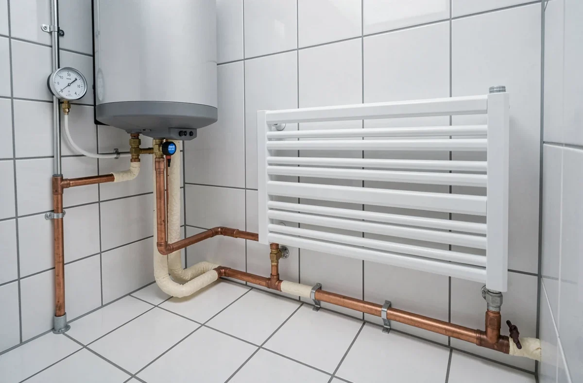 Installation d'une pompe à chaleur air-eau reliée à un radiateur dans une chaufferie résidentielle