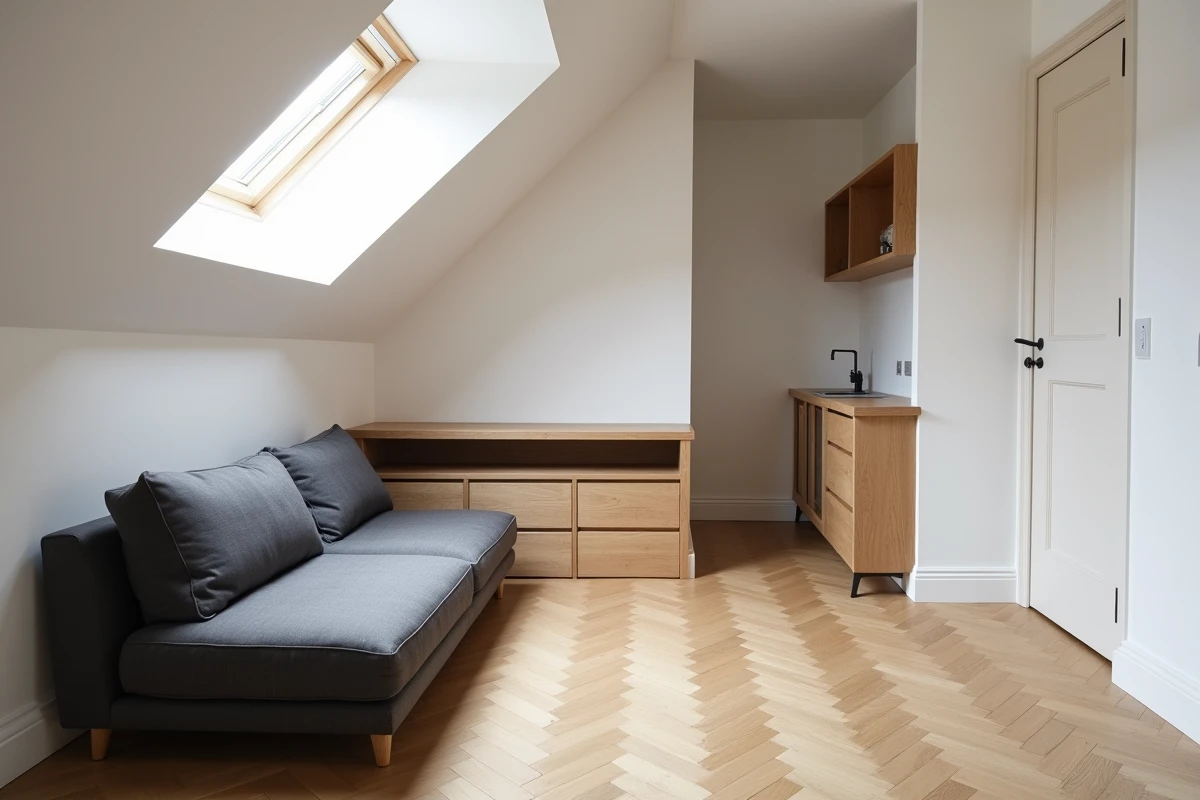 Intérieur d'un espace sous combles optimisé par un architecte spécialisé en surélévation avec rangements intégrés et verrière de toit