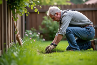 Jardinier vérifiant un trou dans la pelouse du jardin