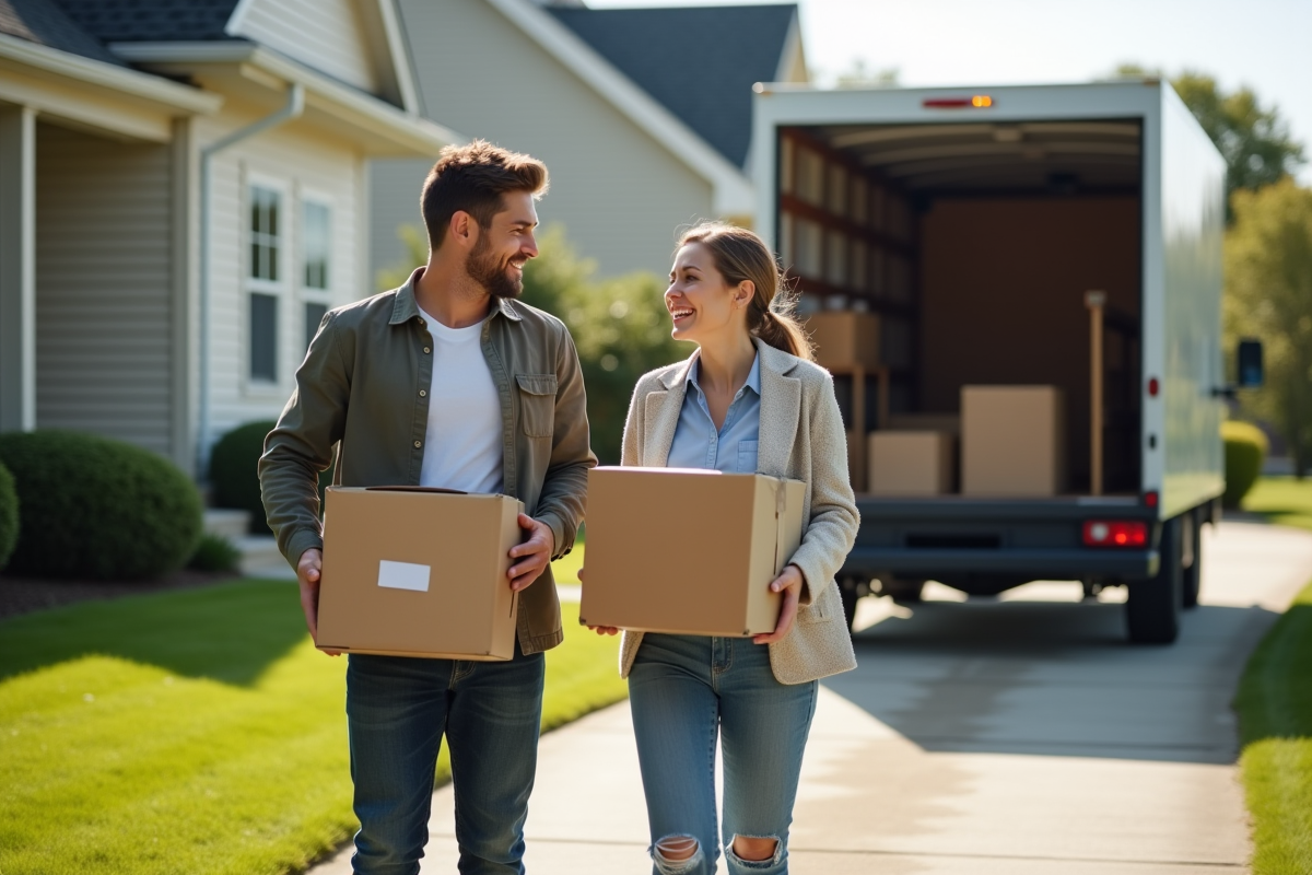 Jeune couple riant devant une maison en déménagement