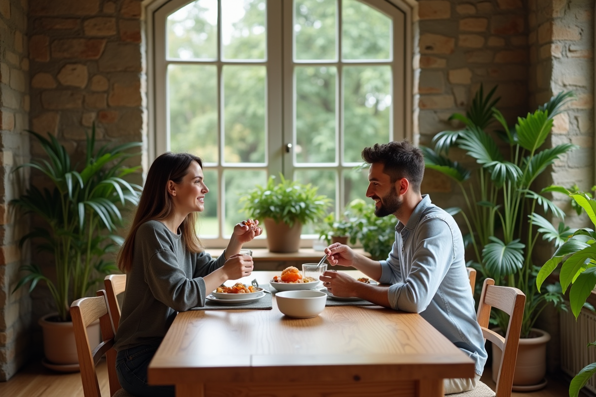 Jeune couple partageant un petit déjeuner dans un intérieur cosy