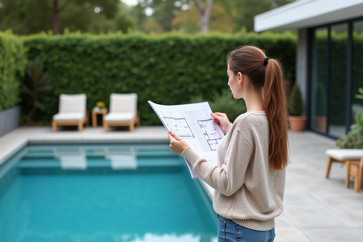 Jeune femme regarde un plan de piscine en extérieur