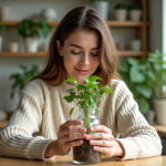 Jeune femme arrangeant des plantes dans une bouteille en verre
