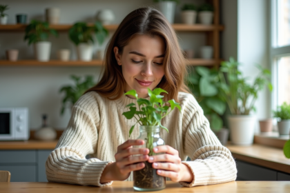 Jeune femme arrangeant des plantes dans une bouteille en verre